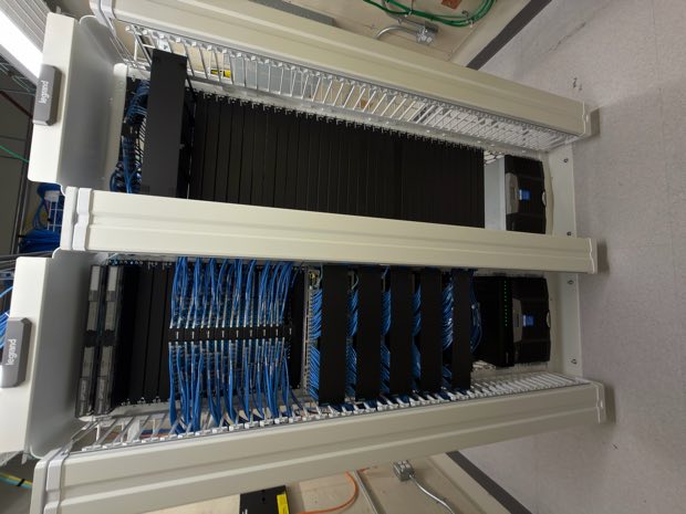 Completed rack installation in a telecom closet