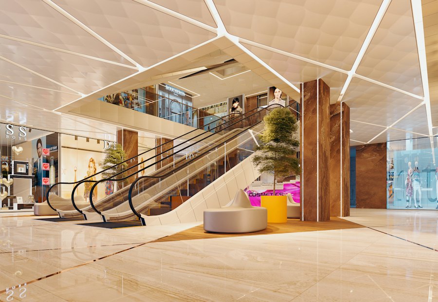Multi-level hospitality atrium with escalators