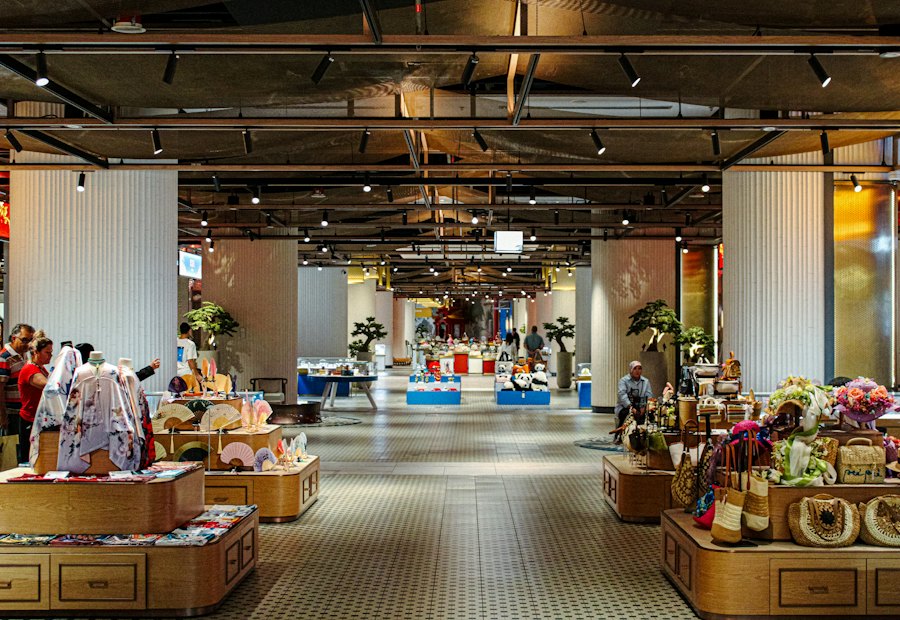 Brightly lit retail store interior with merchandise displays